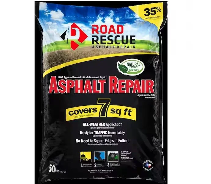 A 50-pound bag of Road Rescue brand cold patch asphalt repair material, labeled for all-weather application and immediate use on potholes.
