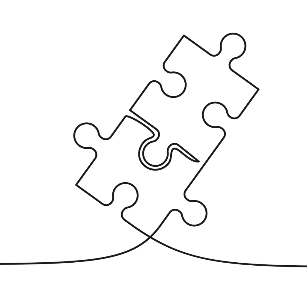 Line illustration of two connecting puzzle pieces representing the right fit between consultant and organization