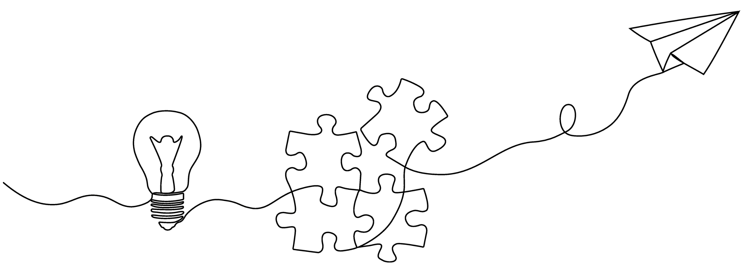 Line illustration of a paper airplane, puzzle pieces, and a lightbulb representing the ideas and reflections behind The Unseen Fundraiser