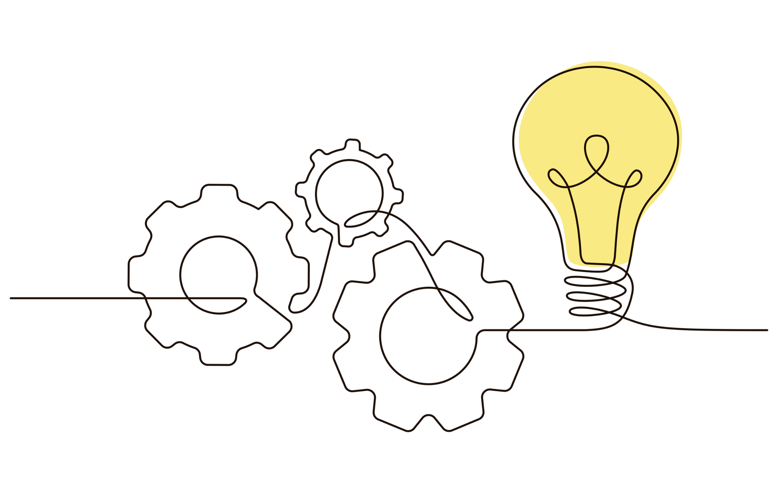 Line icon of gears and a lightbulb symbolizing strategic thinking and innovative fundraising solutions