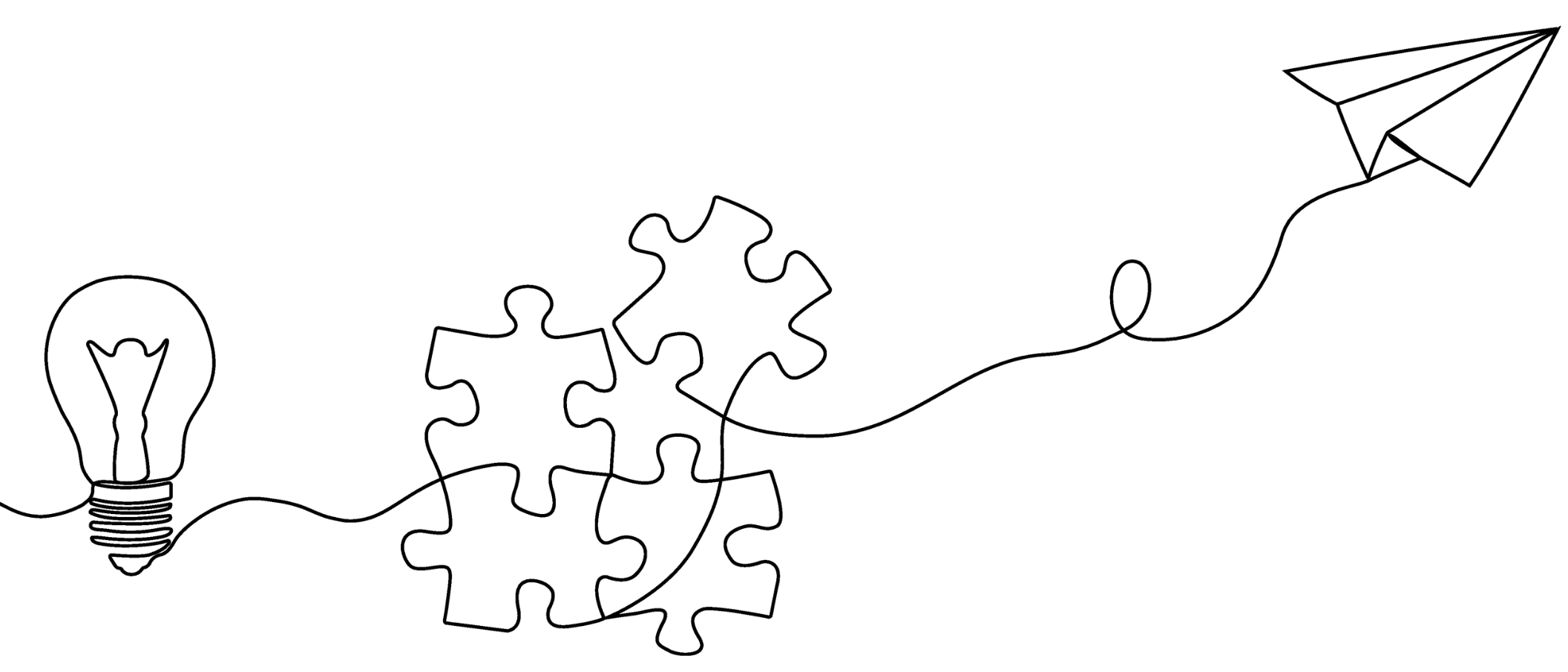 Outline of various creative and brainstorming elements, including a light bulb, puzzle pieces, and a paper airplane.