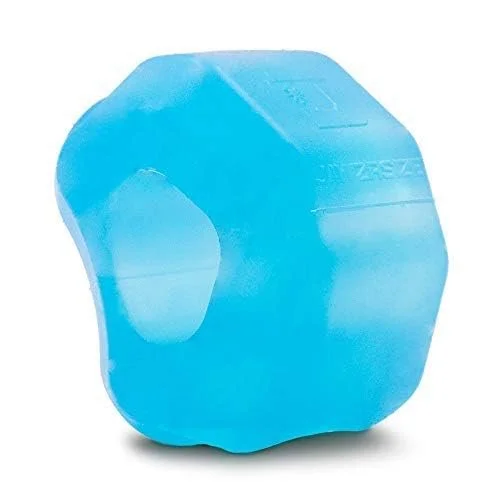 A blue ice pack with a hexagonal shape and a hole on one side for holding.