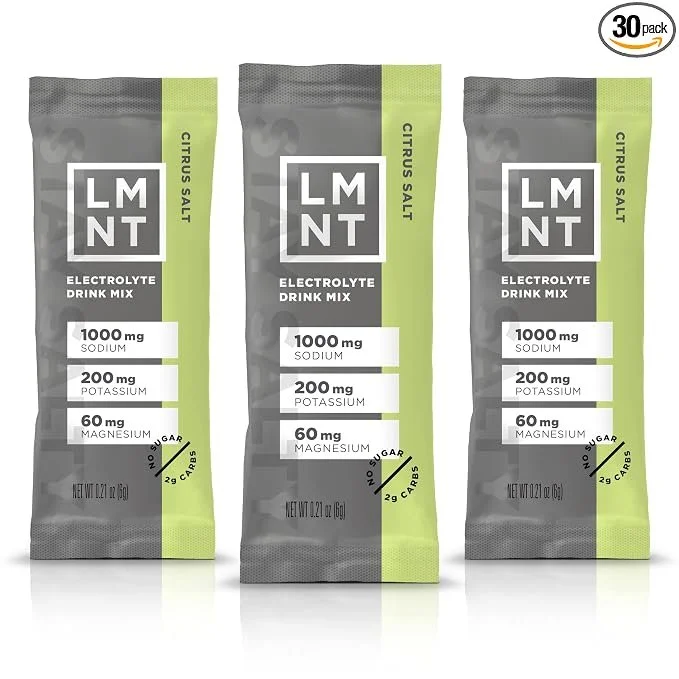 Three packets of LMNT electrolyte drink mix in citrus salt flavor, each with nutritional information showing 1000 mg sodium, 200 mg potassium, and 60 mg magnesium, labeled as a 30-pack.