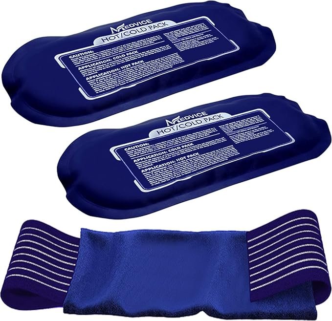 Two blue hot/cold packs and an elastic strap.