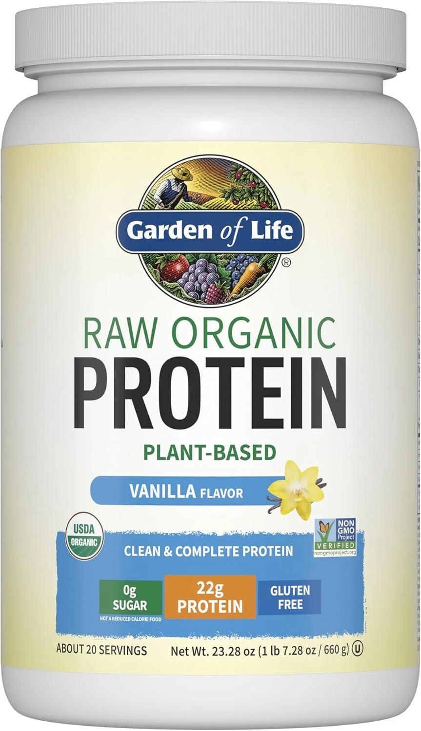 Container of Garden of Life Raw Organic Plant-Based Vanilla Protein Powder with label details.