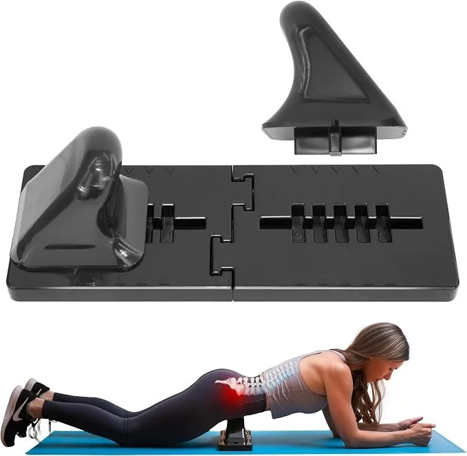 A woman doing a plank exercise on a yoga mat with her forearms and toes on the ground, with a red glow at her lower back indicating pain or strain. The image also features a spine stabilizer device at the top.