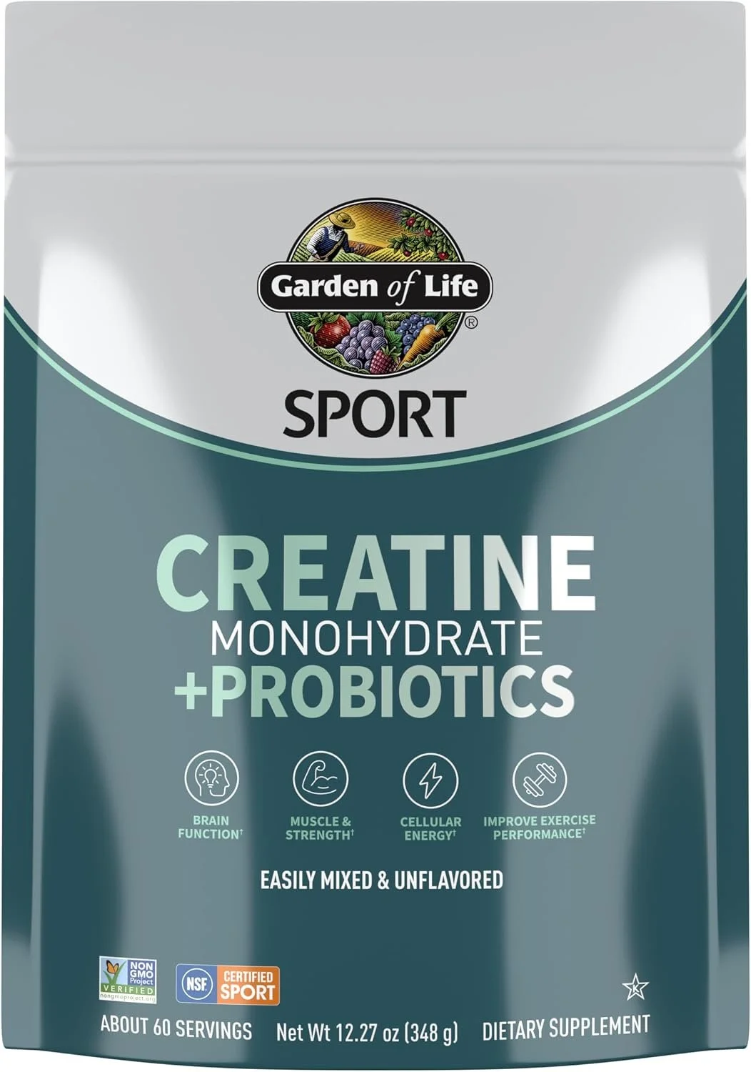 Supplements container for Garden of Life Sport Creatine Monohydrate + Probiotics. The label indicates benefits such as brain function, muscle strength, cellular energy, and exercise performance. It is 12.27 ounces and provides about 60 servings.