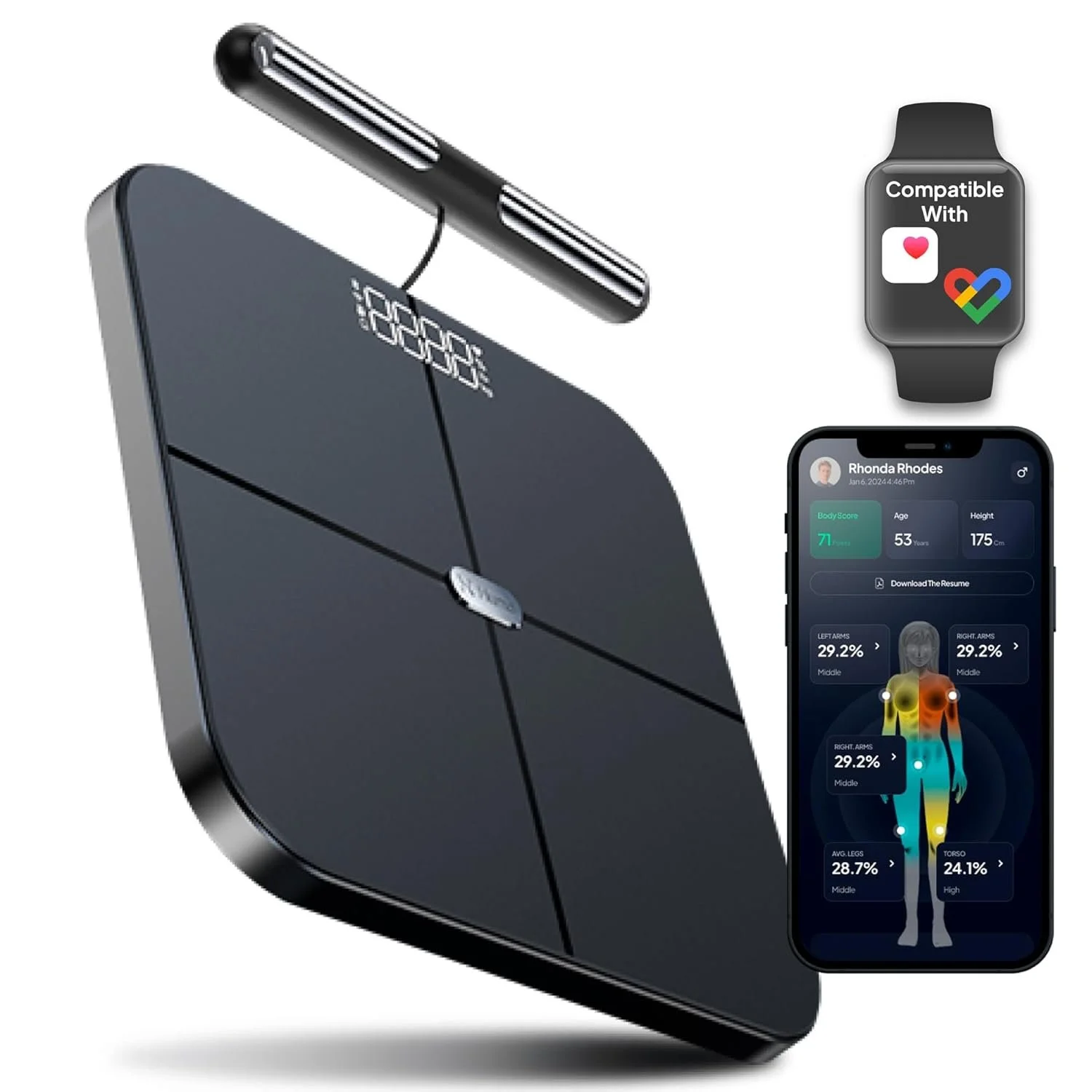 A digital body analysis device connected to a smartphone and a smartwatch, displaying body composition data, and a hand-held scanner for health monitoring.