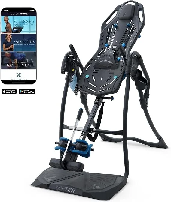A Teeter inversion therapy table with adjustable features, a foot platform, and an app shown on a smartphone with workout tips and routines.
