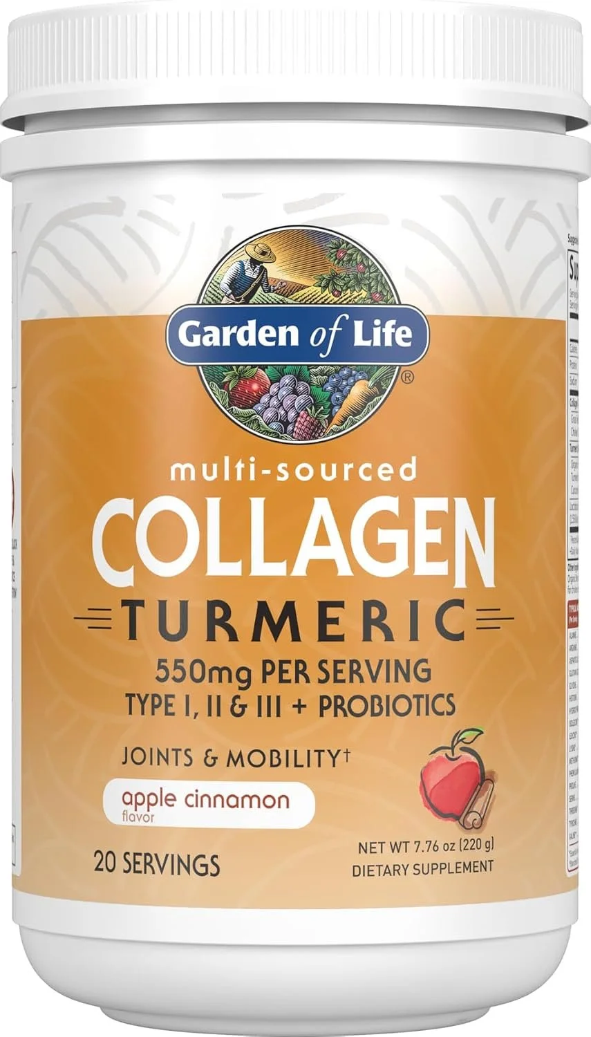Container of Garden of Life multi-sourced collagen, turmeric, apple cinnamon flavor, containing 20 servings.