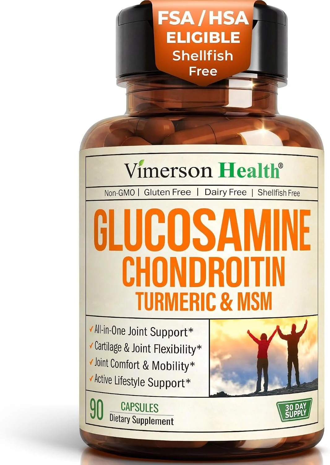 View of a bottle of dietary supplement capsules labeled Glucosamine Chondroitin with turmeric and MSM, with a label indicating it is shellfish-free, non-GMO, gluten-free, dairy-free, suitable for FSA/HSA, and offers a 30-day supply.