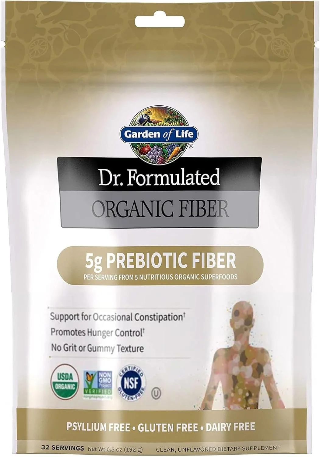 A package of Garden of Life Dr. formulated organic fiber prebiotic fiber supplement, highlighting 5 grams per serving from 5 organic superfoods, with labels indicating it is gluten-free, dairy-free, and non-GMO.