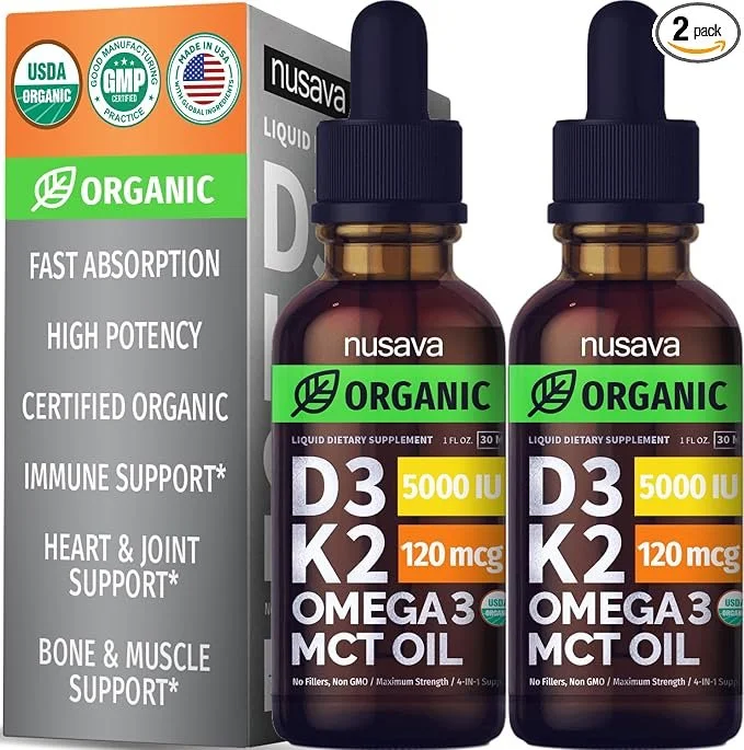 Two bottles of Nusava liquid dietary supplement with droppers, labeled as organic, containing D3, K2, omega-3, and MCT oil, positioned next to the product packaging box.