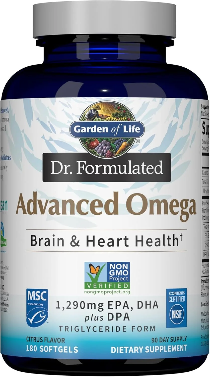 Bottle of Garden of Life Dr. Formulated Advanced Omega dietary supplement with 180 citrus flavor softgels for brain and heart health.