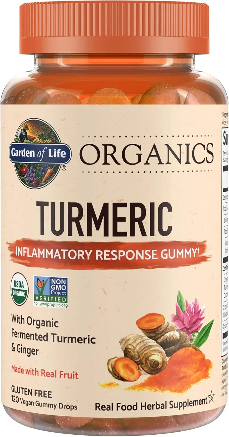A bottle of Garden of Life Organics Turmeric inflammatory response gummy with organic fermented turmeric and ginger, featuring an illustration of turmeric roots, a pink flower, and turmeric powder.