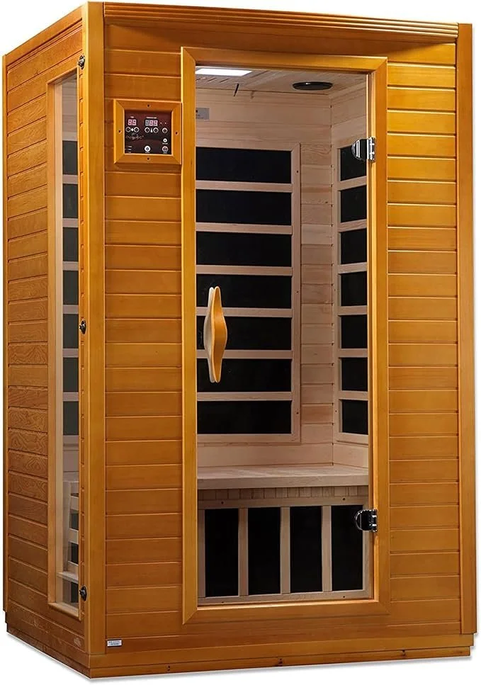 A wooden infrared sauna with a glass door and control panel on the front, designed for indoor relaxation and heat therapy.