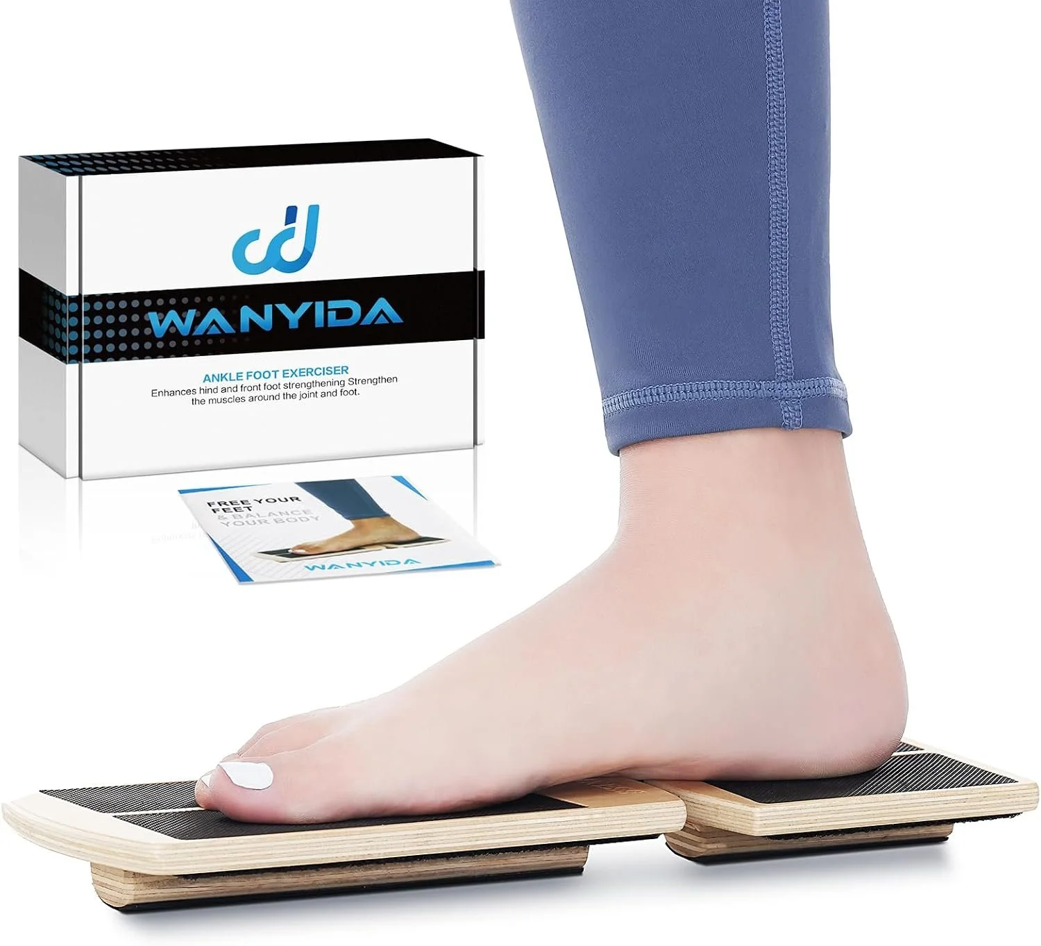 A person steps onto a wooden foot exercise device, with a box labeled 'WANYDA Ankle Foot Exerciser' and an informational pamphlet nearby.