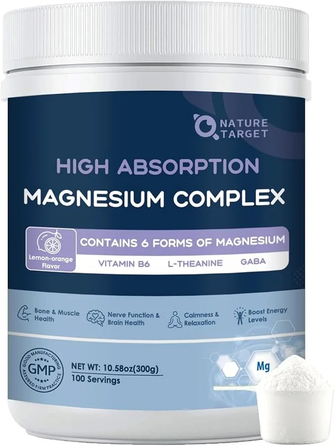Container of Nature Target high absorption magnesium complex supplement with lemon-orange flavor, containing 6 forms of magnesium, vitamin B6, L-theanine, and GABA, designed for bone and muscle health, nerve function, calmness, and energy, with 100 servings in a 10.58 oz (300g) jar.