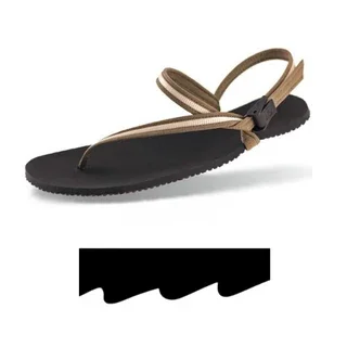 Black foam sandal with tan straps and a buckle.