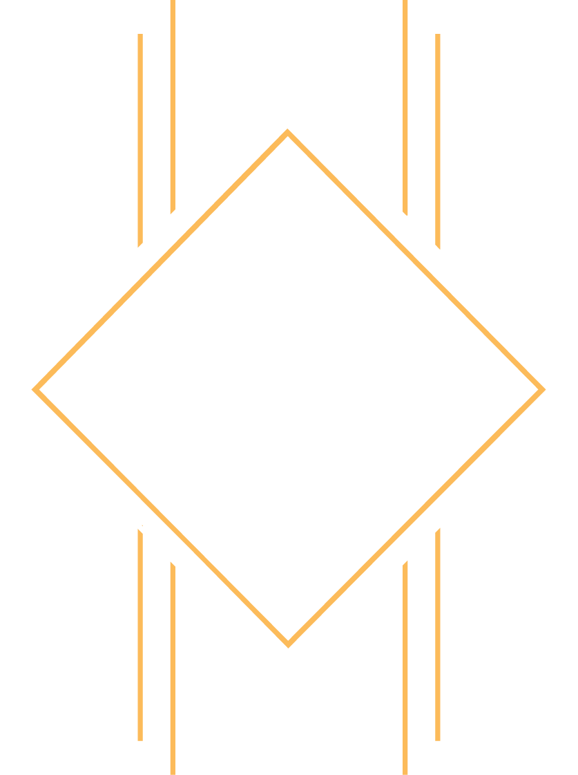 Neon sign with two hands reaching out towards each other, framed within a diamond shape, with vertical lines extending from the top and bottom.