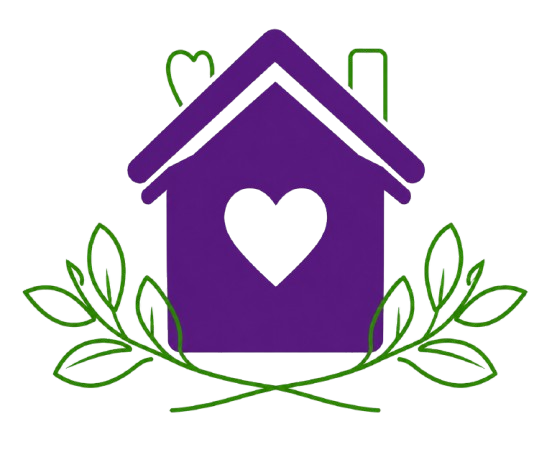 Purple house-shaped birdhouse with a heart-shaped cutout on the front, surrounded by green leaves.