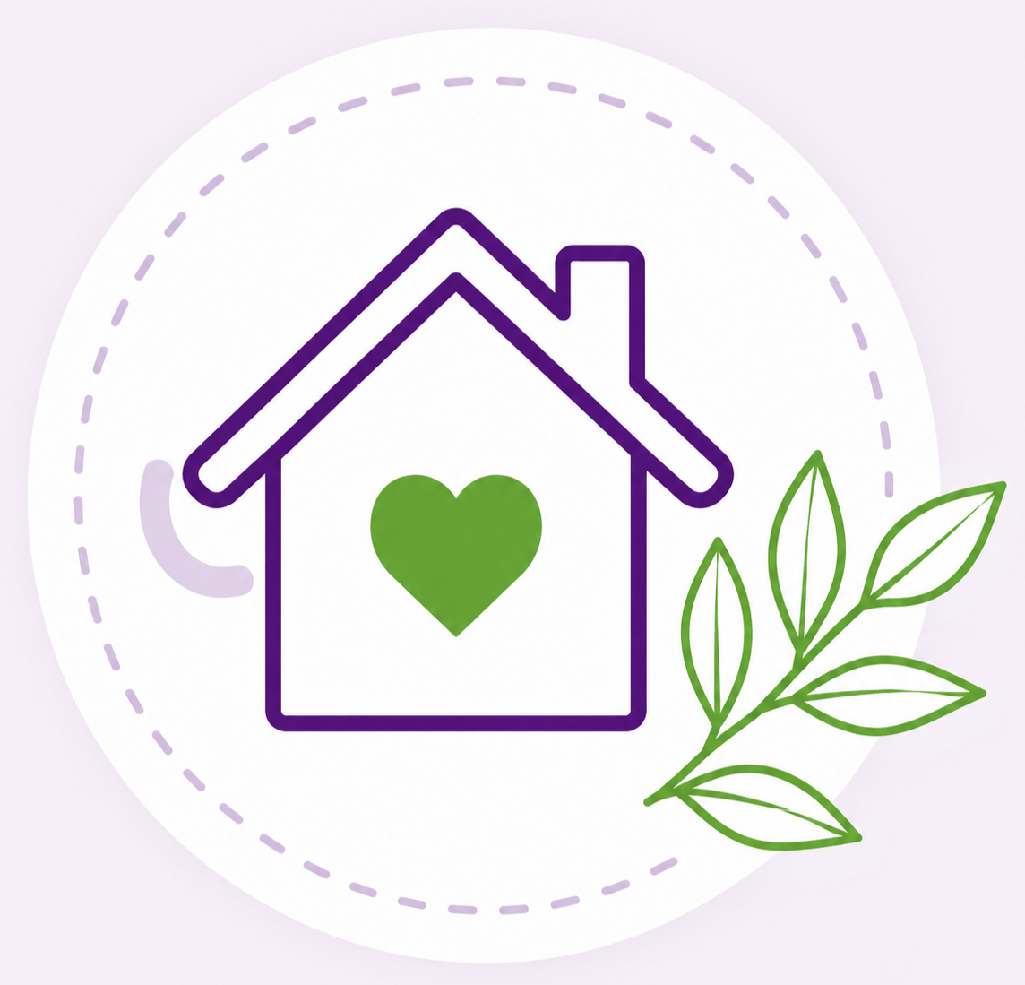 A purple outline of a house with a green heart inside. There is a green leafy branch on the right side and a dotted purple circle surrounding the house and branch.