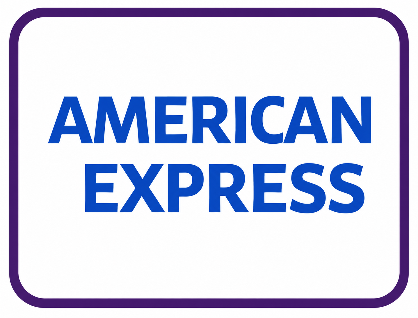 American Express logo with blue text on a white background, outlined in purple.