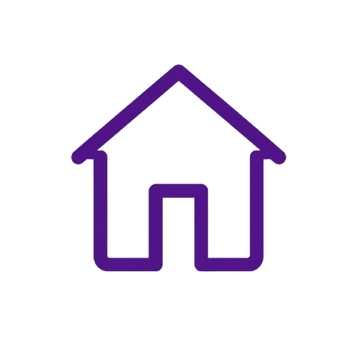 A purple outline of a house with a pitched roof, a front door, and no windows.