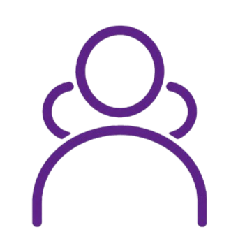 A simple purple outline of a person with a circular head and rounded shoulders on a black background.