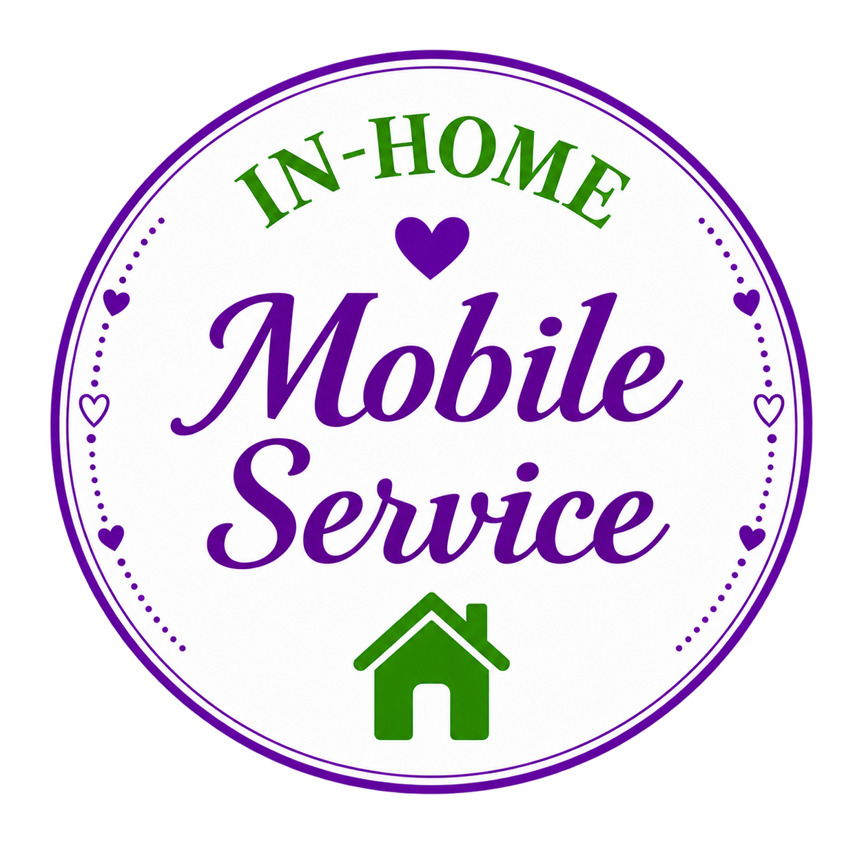 Circular badge with purple, green, and white colors displaying 'In-Home Mobile Service' with a green house icon at the bottom, purple hearts, and decorative dots around the edge.