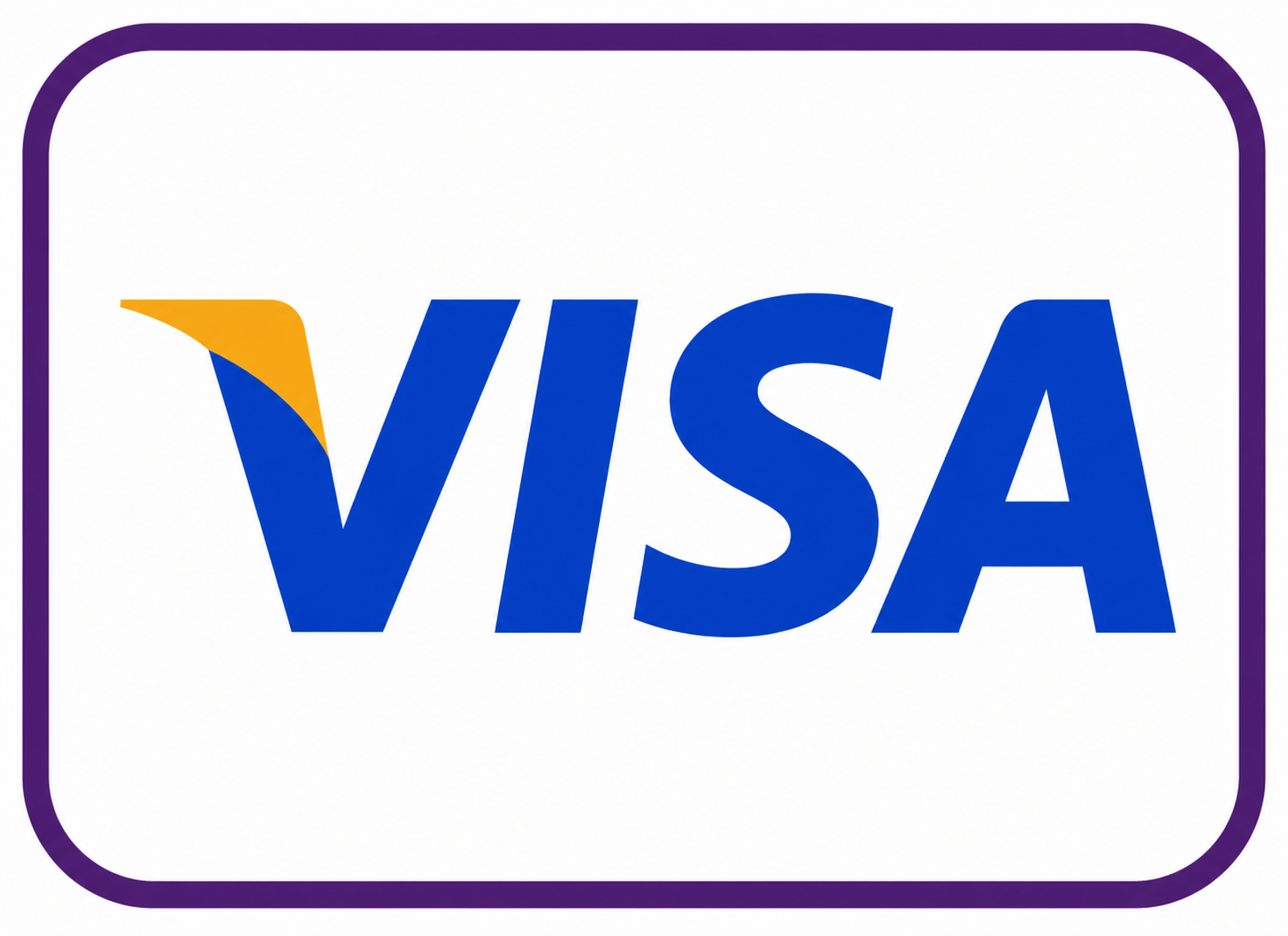 VISA credit card logo with blue text and a yellow curved design in the upper left corner, enclosed in a rounded purple border.