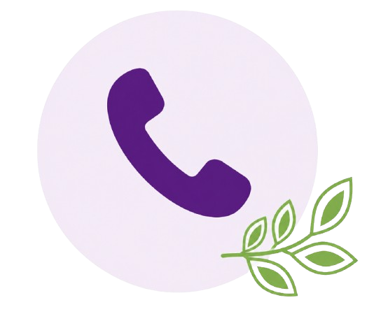 Purple phone receiver icon with green decorative leaves on a white circular background.