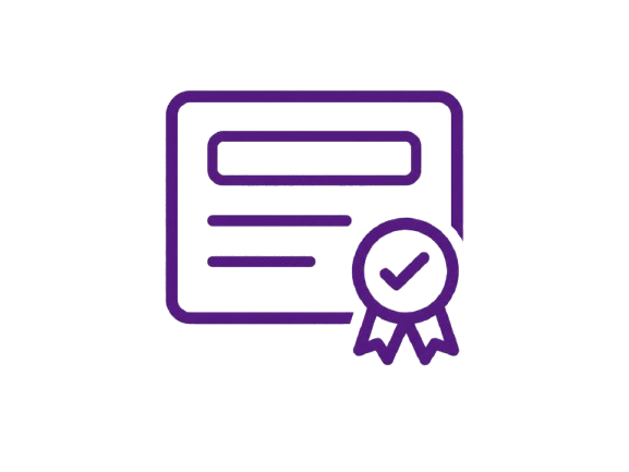 Digital certificate or award icon with a checkmark and ribbon.