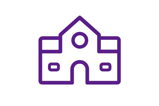 Line drawing of a house with a central door and a circular window above it, outlined in purple.