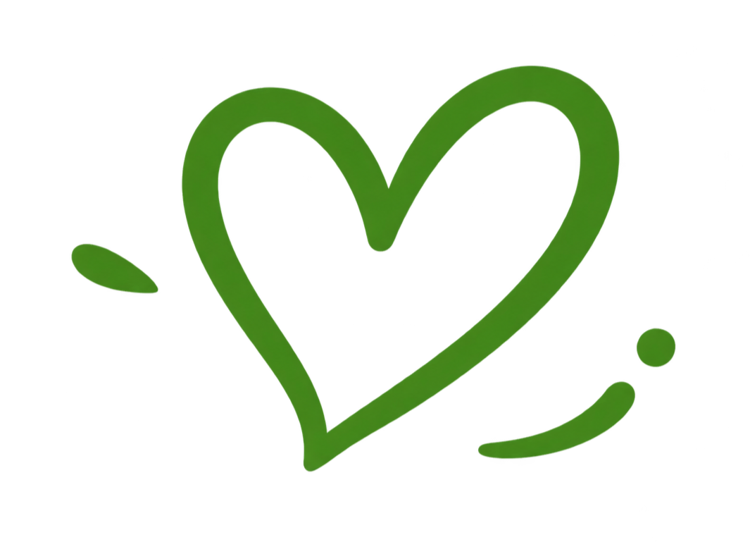 Green heart with decorative strokes on a transparent background.