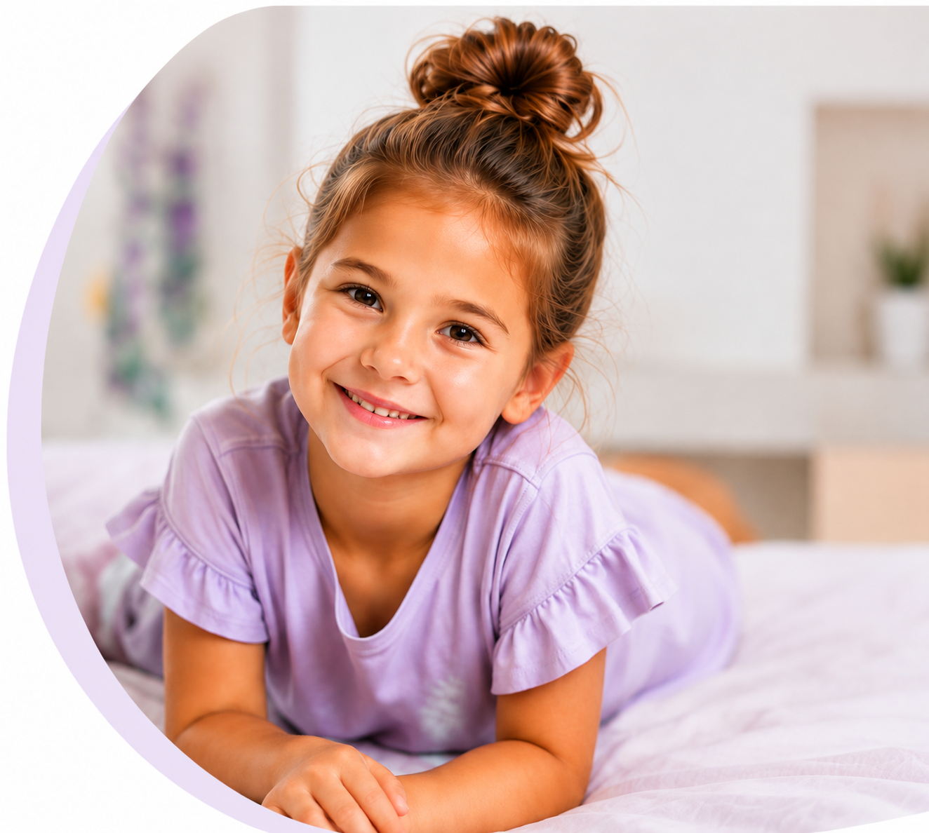A smiling young girl with a top knot hairstyle lying on her stomach on a bed in a bright room.