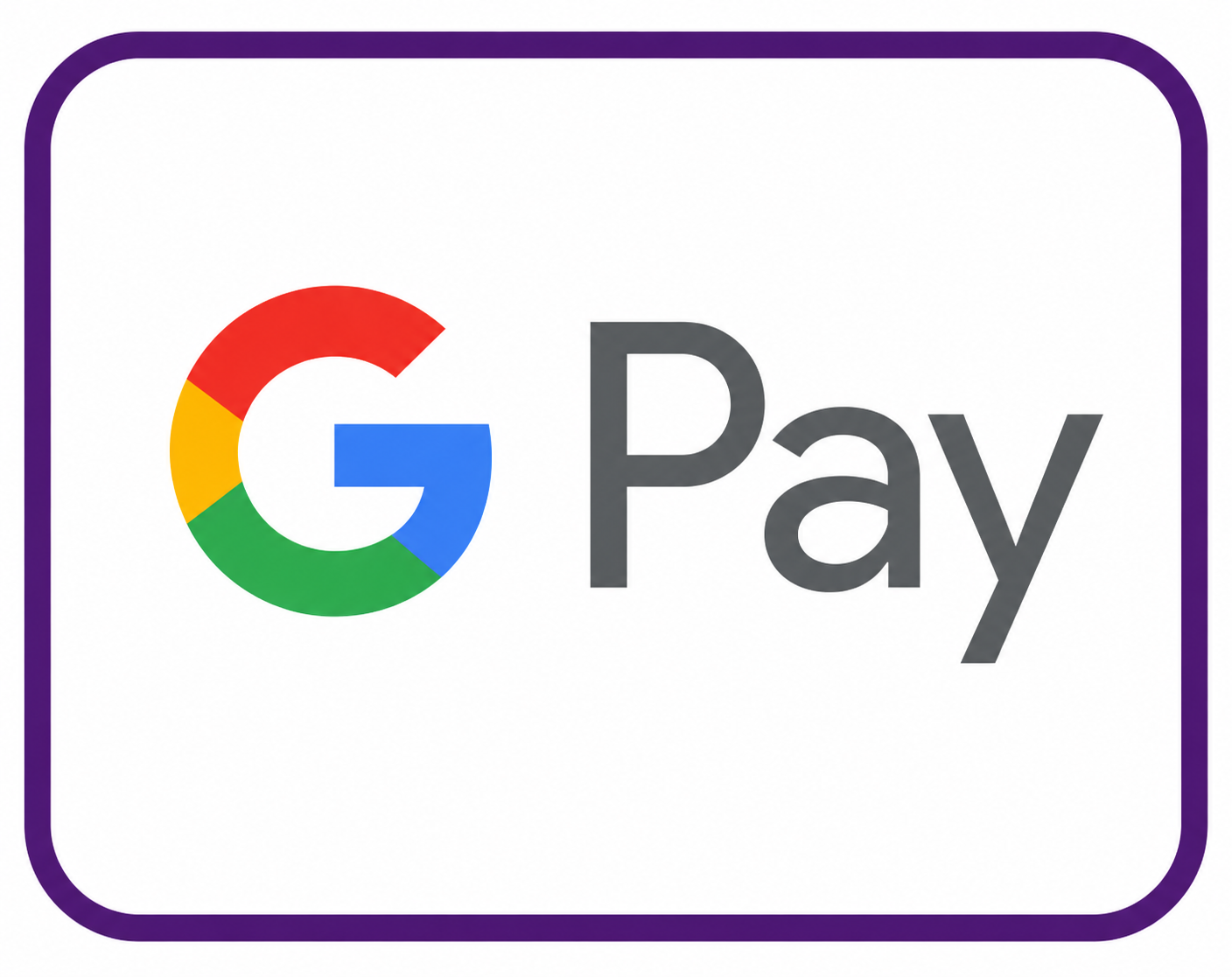 Google Pay logo with a colorful 'G' and 'Pay' in gray text on a white background, framed by a purple rounded border.