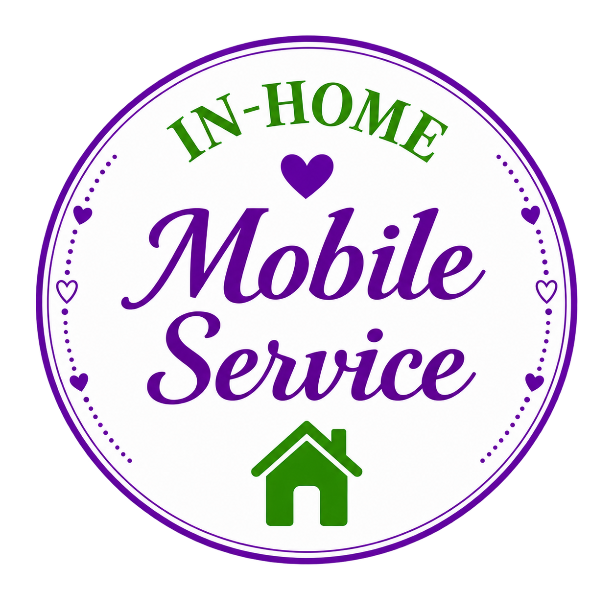 Circular logo with text 'In-Home Mobile Service' and a green house icon at the bottom, purple hearts and dotted lines around the edge.