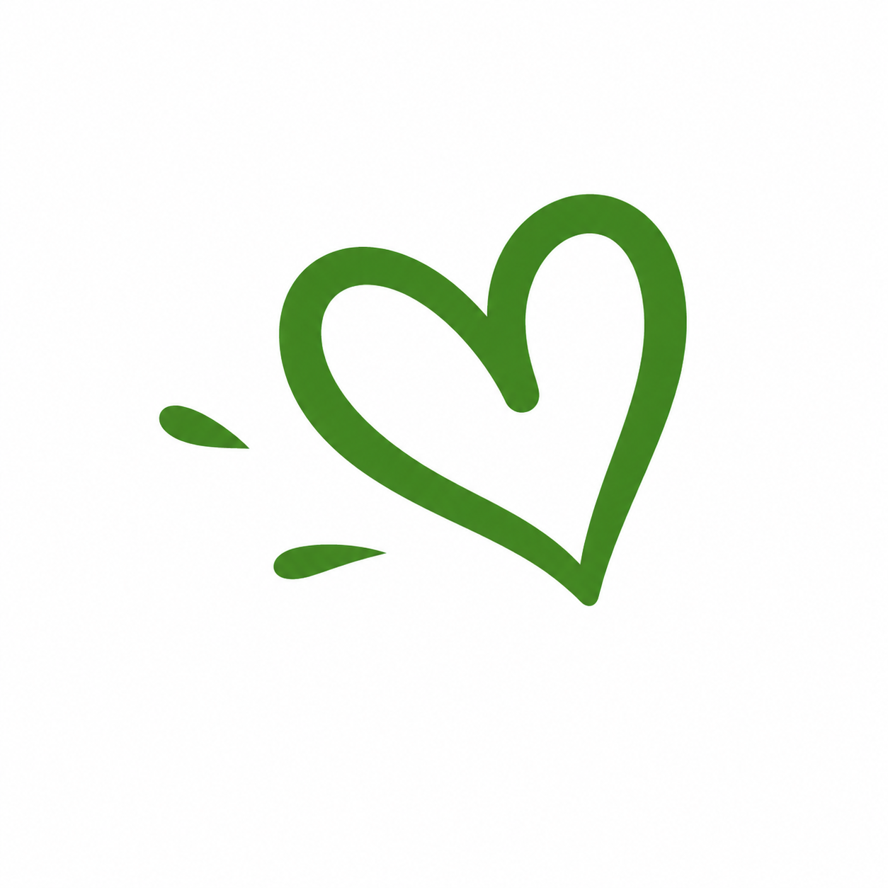 Green heart outline with small green leaves around it on a white background.