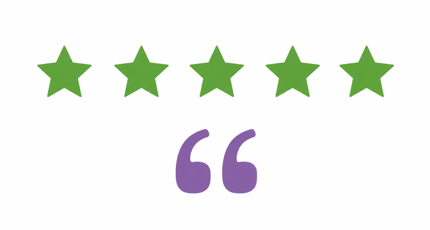 Five green stars and purple quotation marks on a white background.