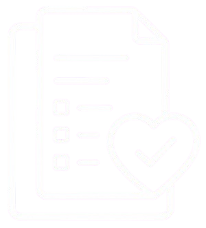 Icon of a document with checkboxes, accompanied by a heart with a checkmark inside.