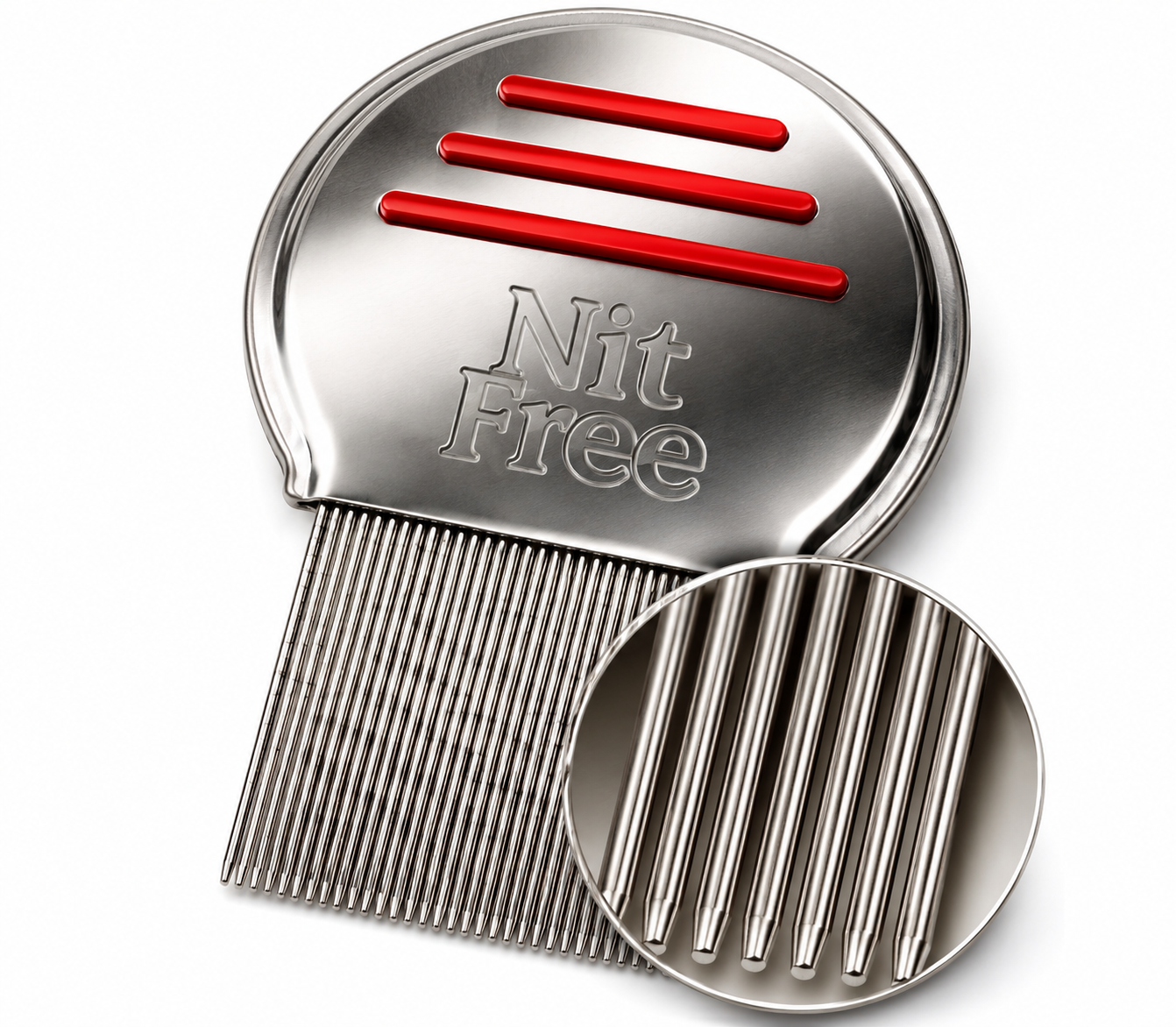 A metallic hair thinning tool with the words 'Nit Free' engraved on it, featuring red ridges at the top and fine metal teeth for removing nits and lice.