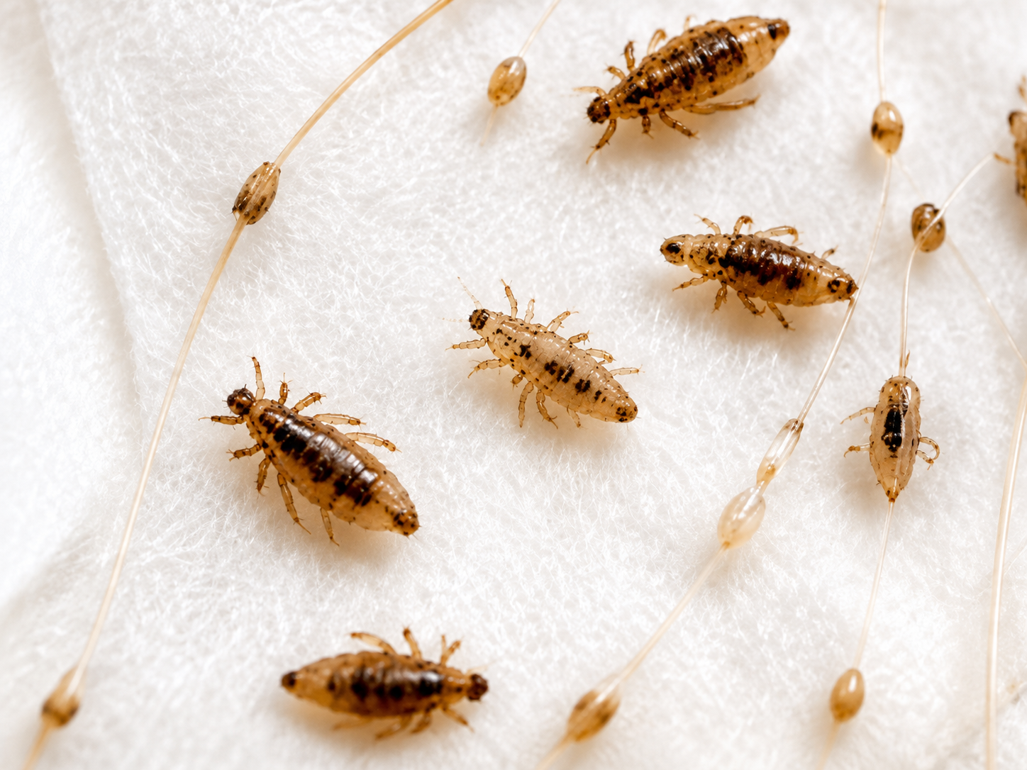 Close-up of several bedbug nymphs and eggs on a white surface.