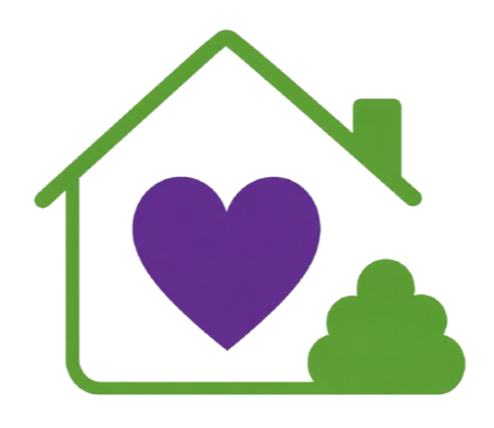 A house outline with a purple heart inside and a green shrub outside.