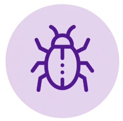 A purple bug icon on a light purple background.