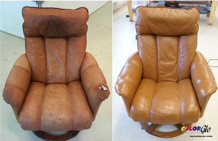 Before and after images of a leather recliner chair, showing it restored from worn, dirty condition to a clean, shiny state.
