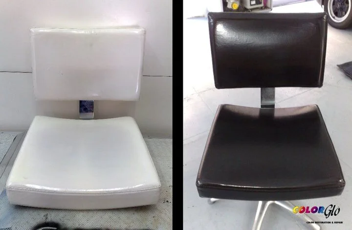 Comparison of a white, worn-out chair on the left and a black, new-looking chair on the right.