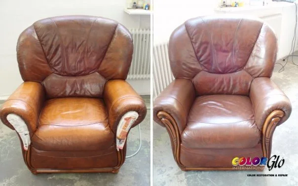 Side-by-side comparison of a brown leather armchair before and after restoration, showing the chair's improved appearance after repair.