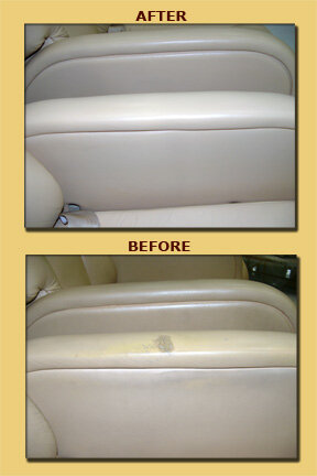 Side-by-side comparison of car seats before and after cleaning; the 'before' seat is dirty and stained, while the 'after' seat appears clean and restored.