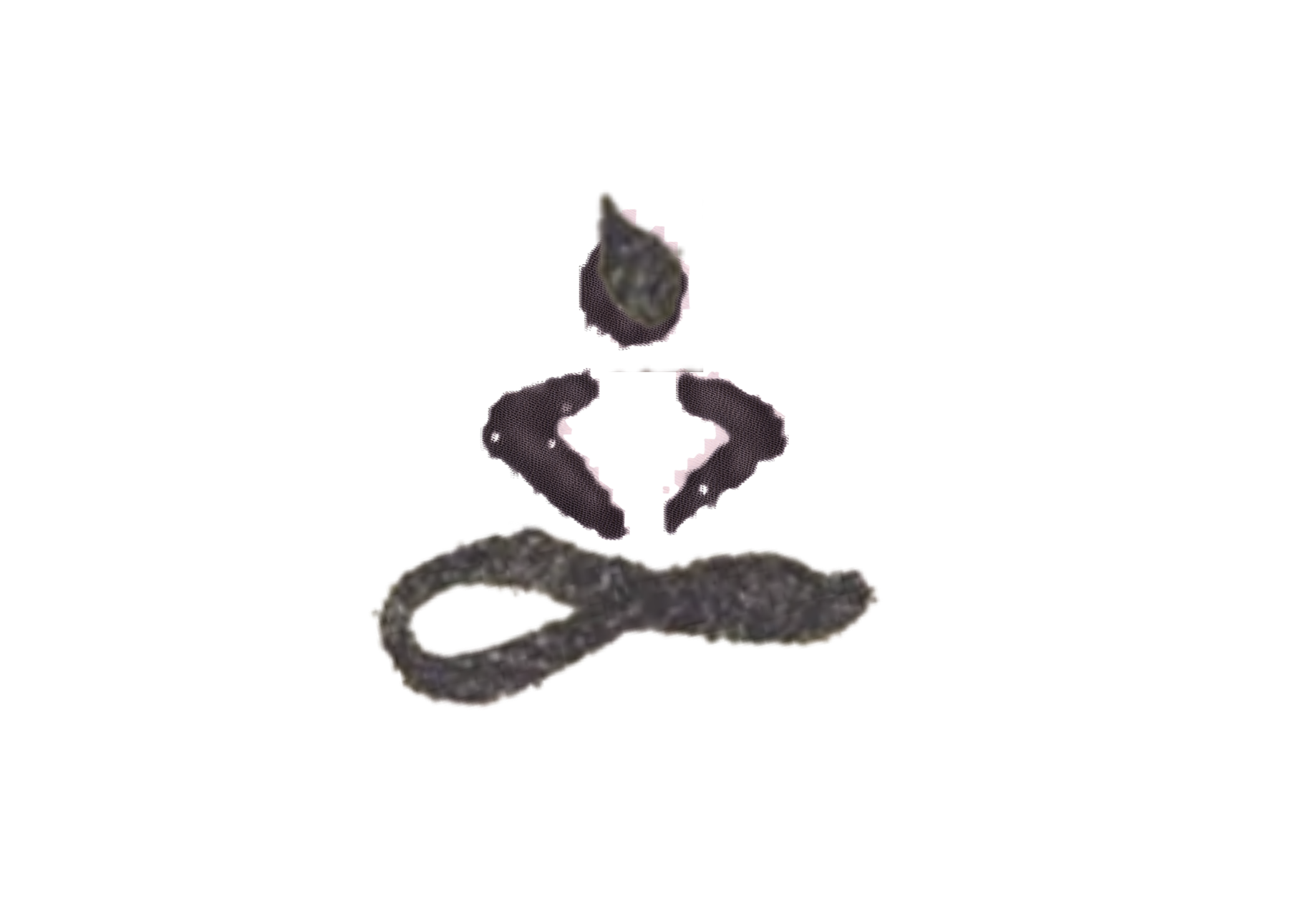 A jewelry piece made of a small cluster of grayish stones in a gold setting, attached to a grayish cord. The jewelry hangs in front of a black background.